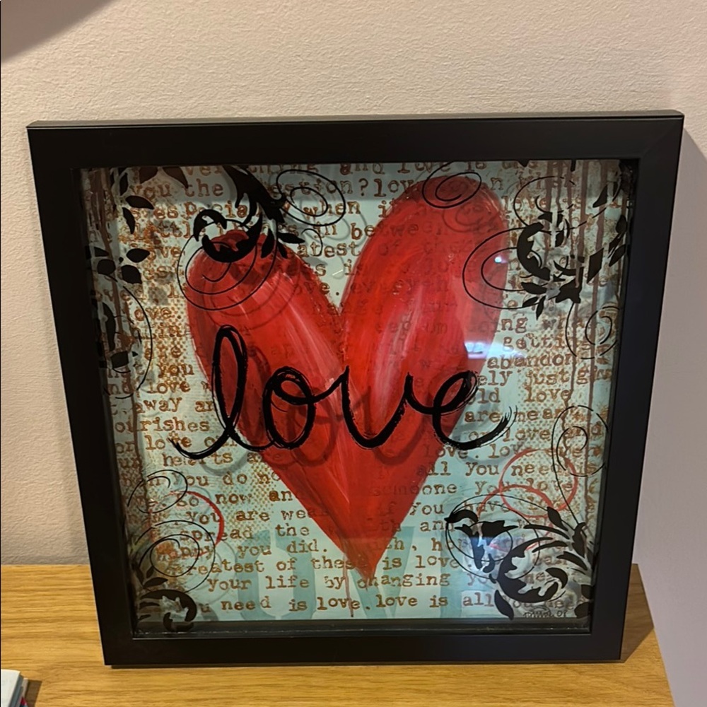 Framed Love Heart Art Shadow Box Teal Red and Black